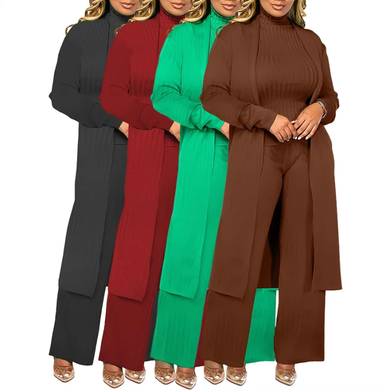 

Женский комплект из трех предметов: вязаный топ с высоким воротником и длинными рукавами, пальто средней длины, широкие брюки с высокой талией, уличный стиль Y2K