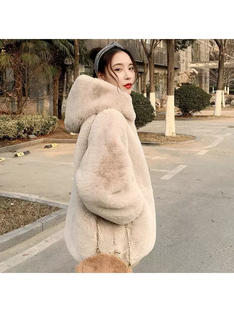Simplicity Comfort Academic Casual Winter Warmth Plush Faux Fur Coat Solid Color Sweet Zipper Loose Fashionable Hooded Outerwear