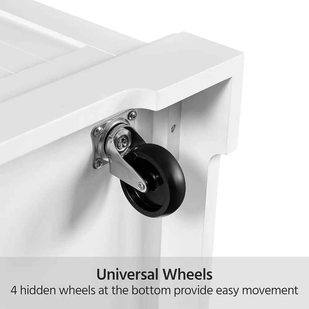 عربة مطبخ دوارة بثلاثة أدراج مع أرفف قابلة للتعديل، وخزانة تخزين متنقلة على عجلات، وسطح سميك من الخشب المطاطي، باللون الأبيض