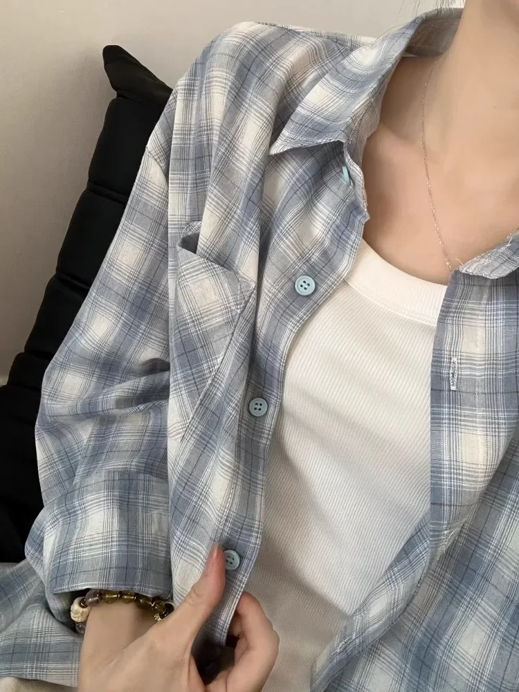 

Casual Long Sleeve Shirt Women Loose Blue Plaid Sun Protection Top Princess Sleeve Spring Summer Polo Collar Outer