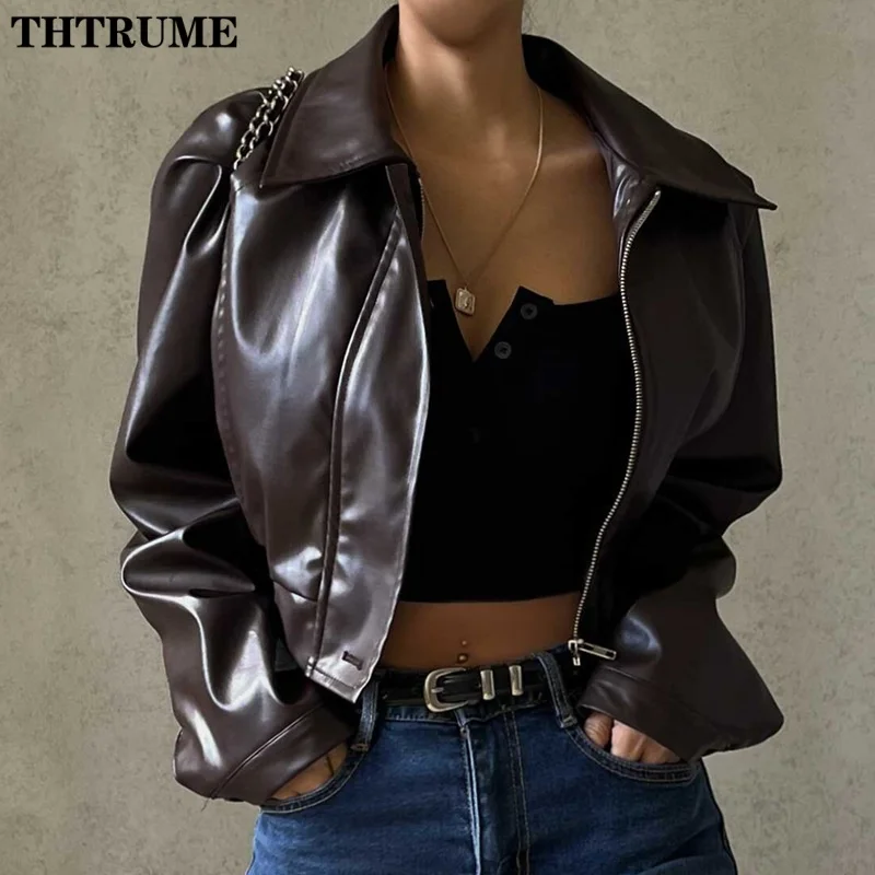 Fashion Women Chic Jackets Elegant Street Leather Lapel Vintage PU 2024 New Zipper Coats Casual Streetwear Autumn Pocket Jacket