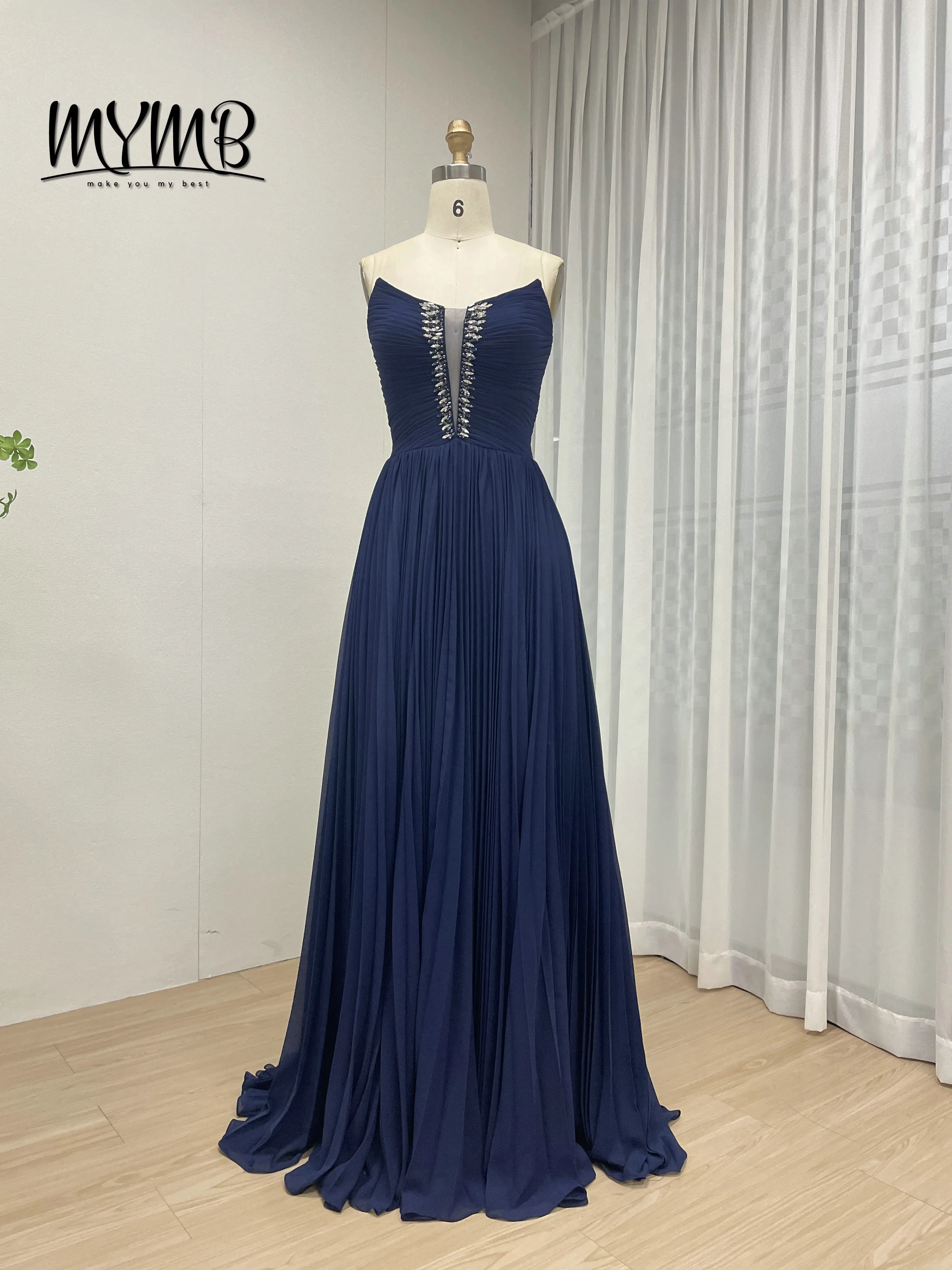 MYMB Embellished Beautiful Diamond Modest Graceful Sexy V Neck Blue Muslim Long Sleeve Dress With Detachable Cap Sleeve MB40313