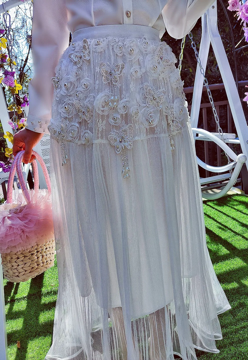 

Потрясающая фея, короткая юбка ручной работы с кисточками и бисером, 3D бабочка, хрустальный цветок, кружевная роза, эластичная свободная повседневная белая длинная юбка