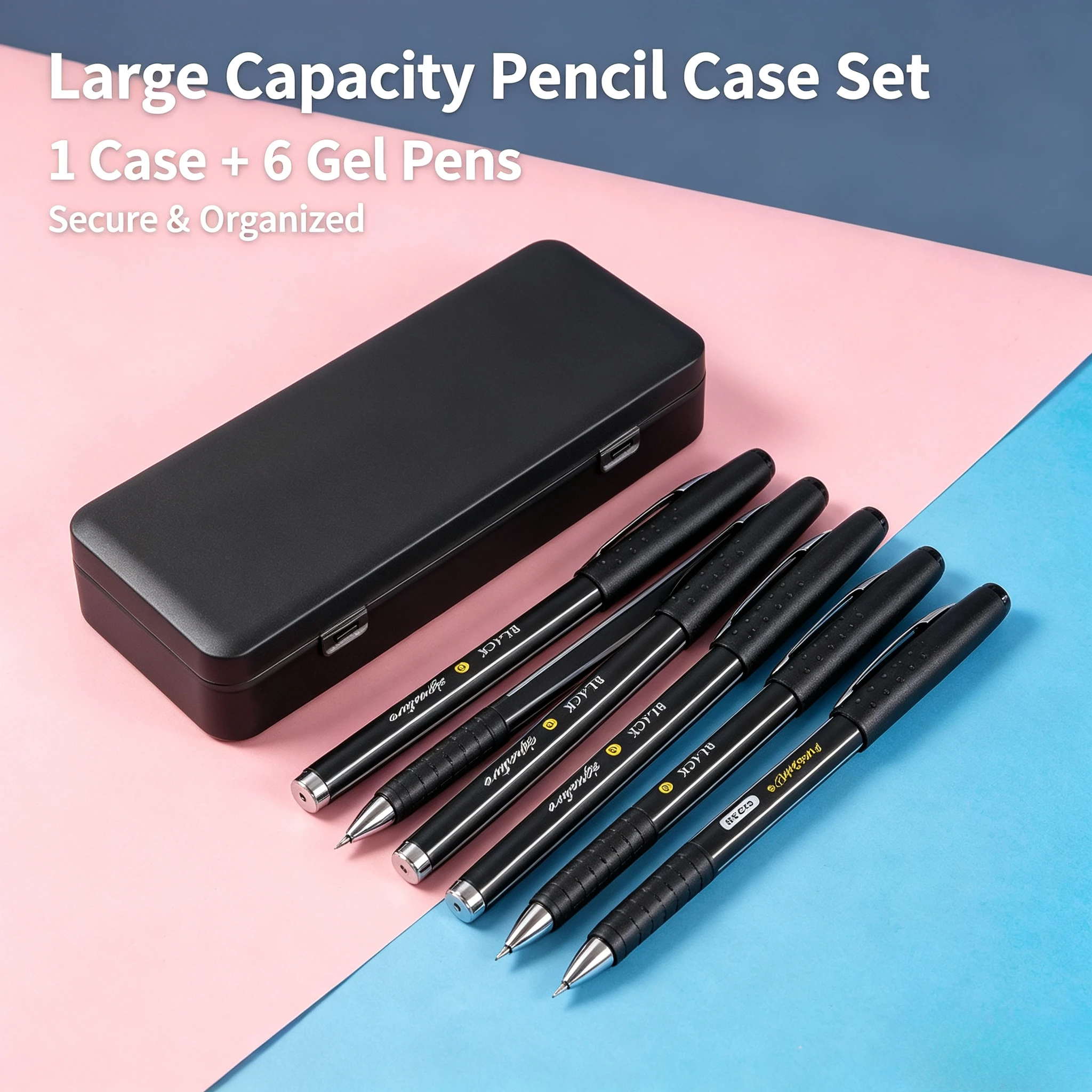 Large Capacity Matte Black Pencil Box + 6 Black Gel Pens Combo Dual‑Snap Stationery Storage Case for School Office Daily Use
