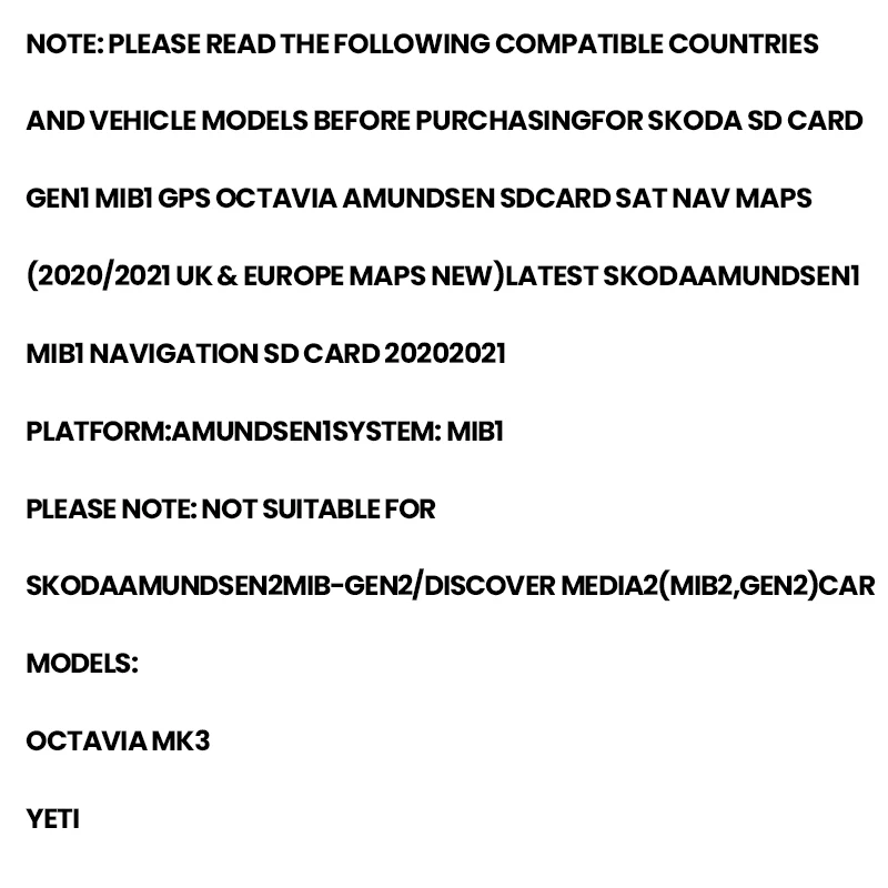 2020/2021 UK & Europe for Skoda GEN1 MIB1 Car Octavia MK3 Yeti GPS SD Card Amundsen SD Card Sat Nav Map