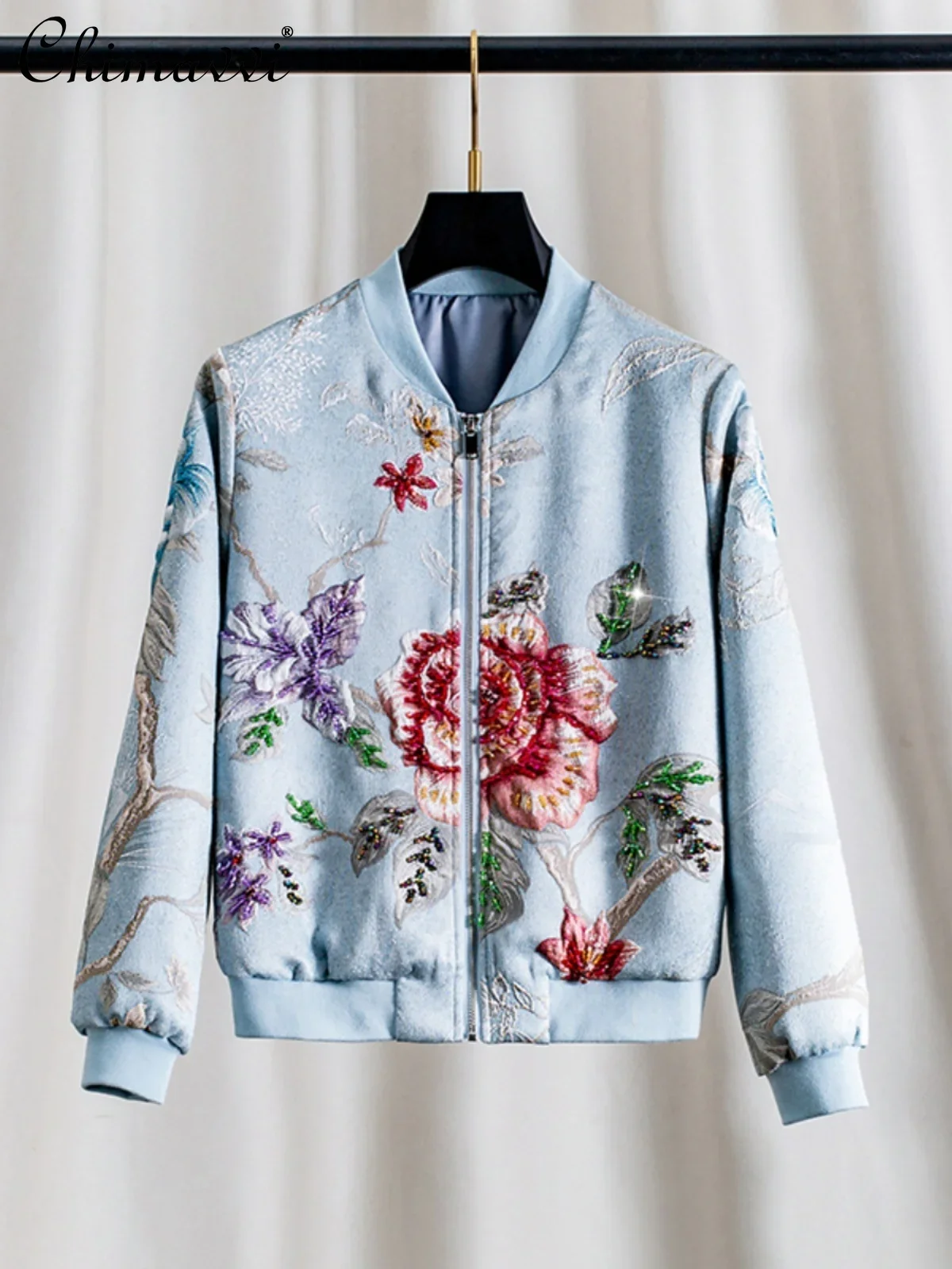 

Chinese Retro Heavy Industry Jacquard Embroidery Beads Long Sleeve Zipper Blue Short Jacket Casual Baseball Uniform Women Autumn