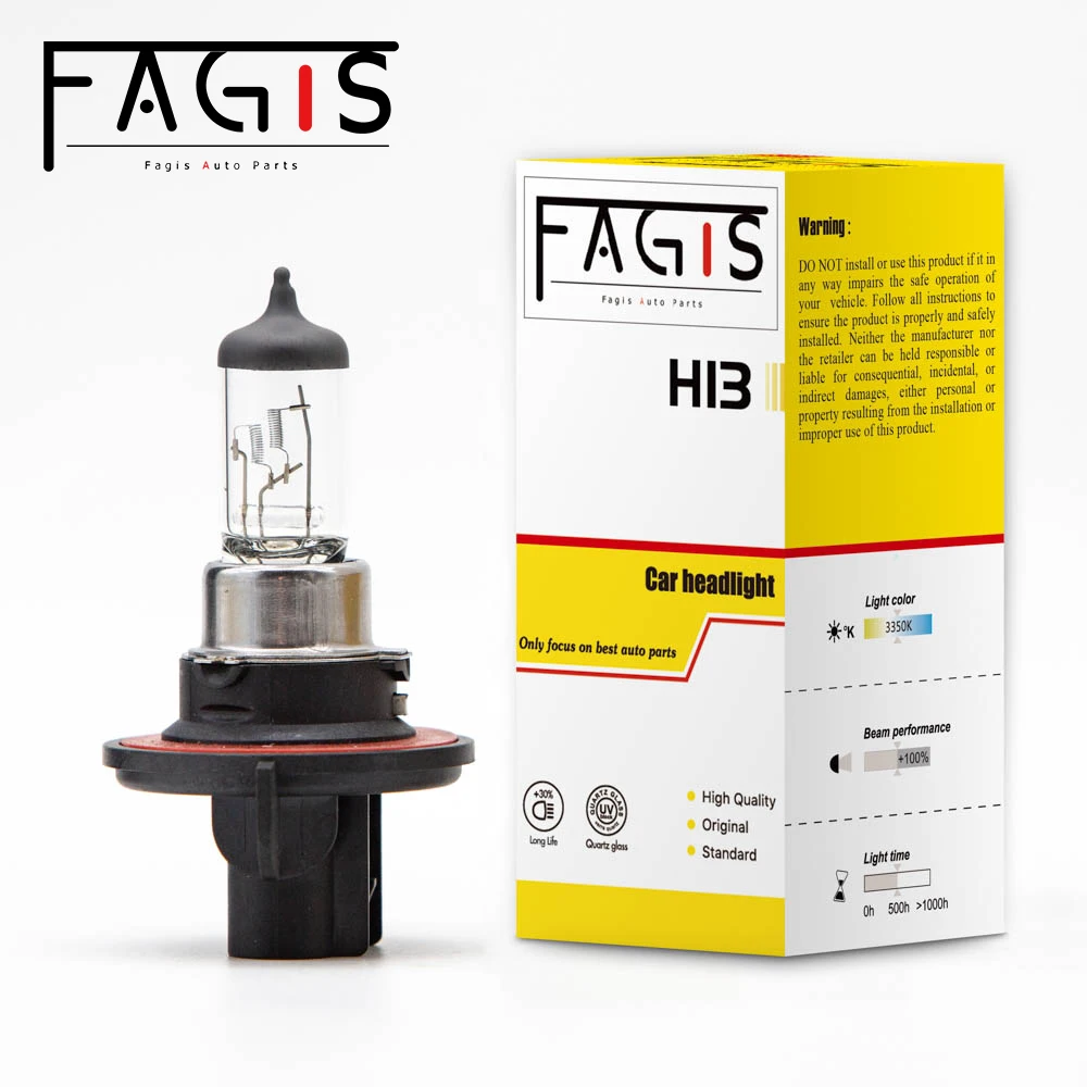 Fagis 1 Pcs H13 9008 12V 60/55W 3350K Warm White High Low Beam Auto Headlights Car Lights Halogen Bulbs