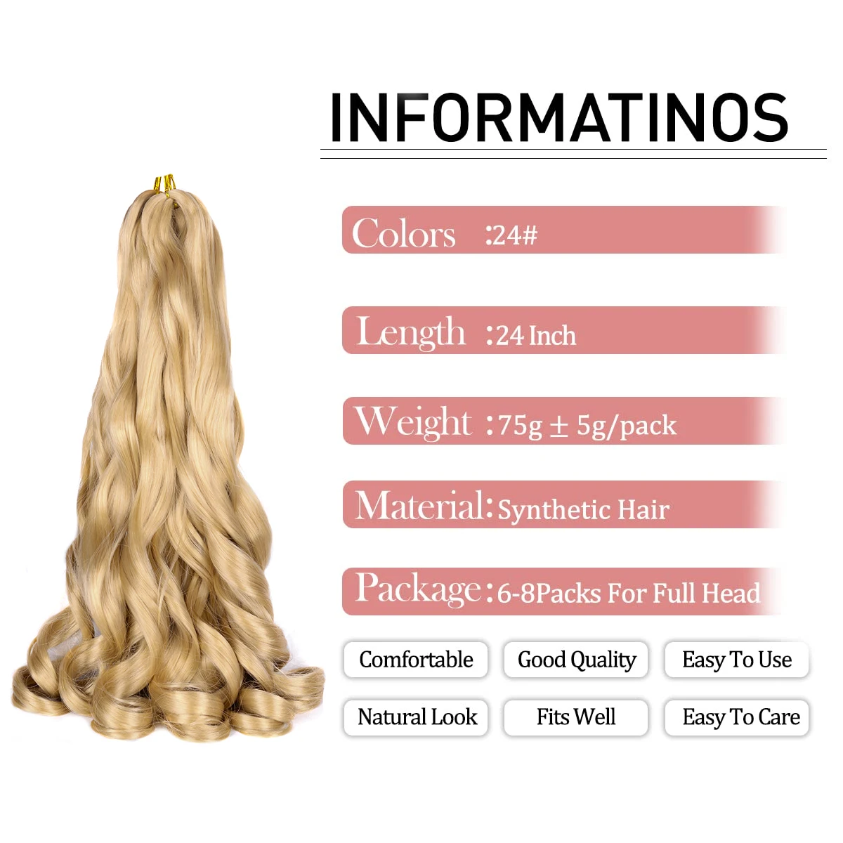 Trenzas de rizo en espiral de onda suelta, cabello sintético, extensiones de cabello trenzado francés, cabello preestirado ombré de alta temperatura