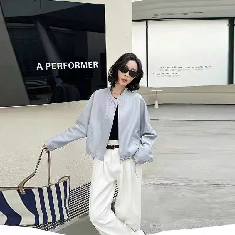 

Женская кожаная куртка модного дизайна, высококачественная синяя кожаная куртка на молнии, женская весенне-осенняя куртка с рукавами «летучая мышь», свободная короткая куртка из искусственной кожи