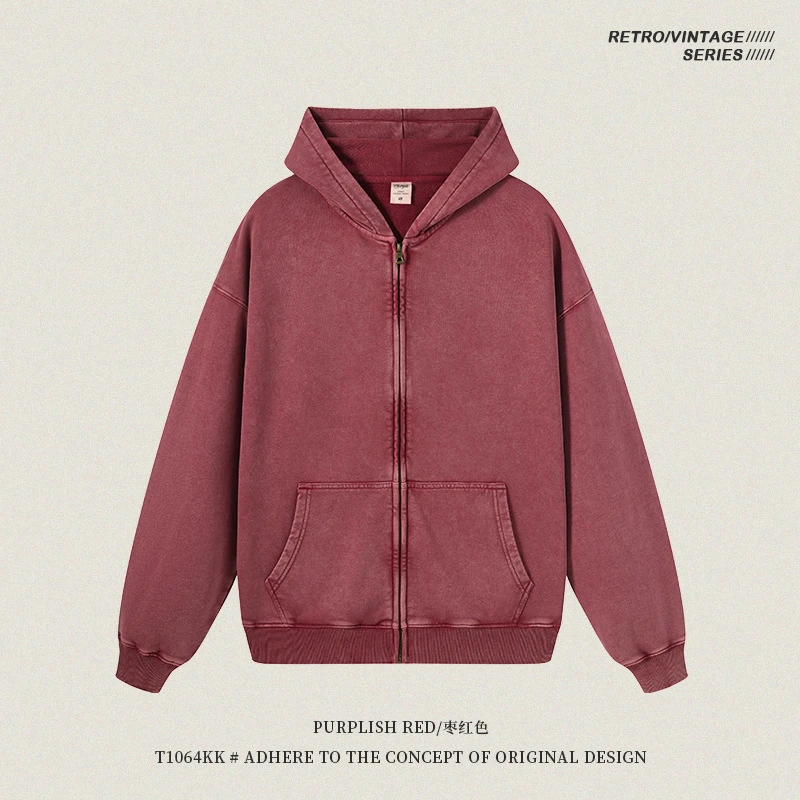 ENJOYOU Retro Autumn Batik Washed Zipper Hoodie For Men Unisex Oversized Distressed 420gsm Terry 100% Cotton Hooded Coats HY0936
