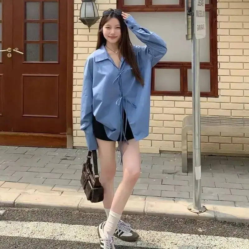 Koszule damskie w stylu koreańskim, niebieskie, sznurowane, z dekoltem w serek, z długim rękawem, vintage, luźne bluzki, codzienne, eleganckie w stylu francuskim, jednolite kolory.