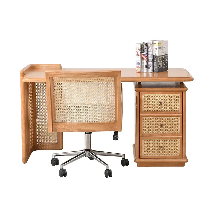 Nordic ins Japanese style, rattan log desk, home office writing desk, storage workbench