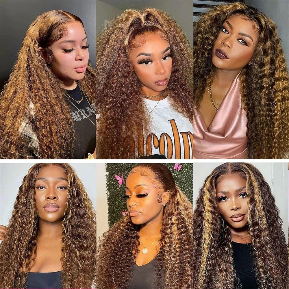 Perruque Lace Front Wig Naturelle Bouclée, Cheveux Humains, Deep Wave, Couleur Ombré Brun Miel, 13x6, 13x4, à Reflets, 30 Pouces, pour Femme