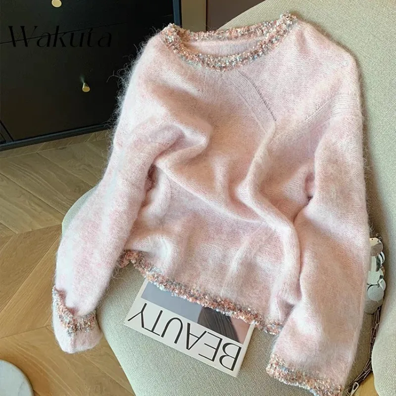 WAKUTA Classic Pink Round Neck Long Sleeve Splicing Lace Mohair Tees Female Gentle Wind Lazy Soft Ageing Knitwear Кофта Женская