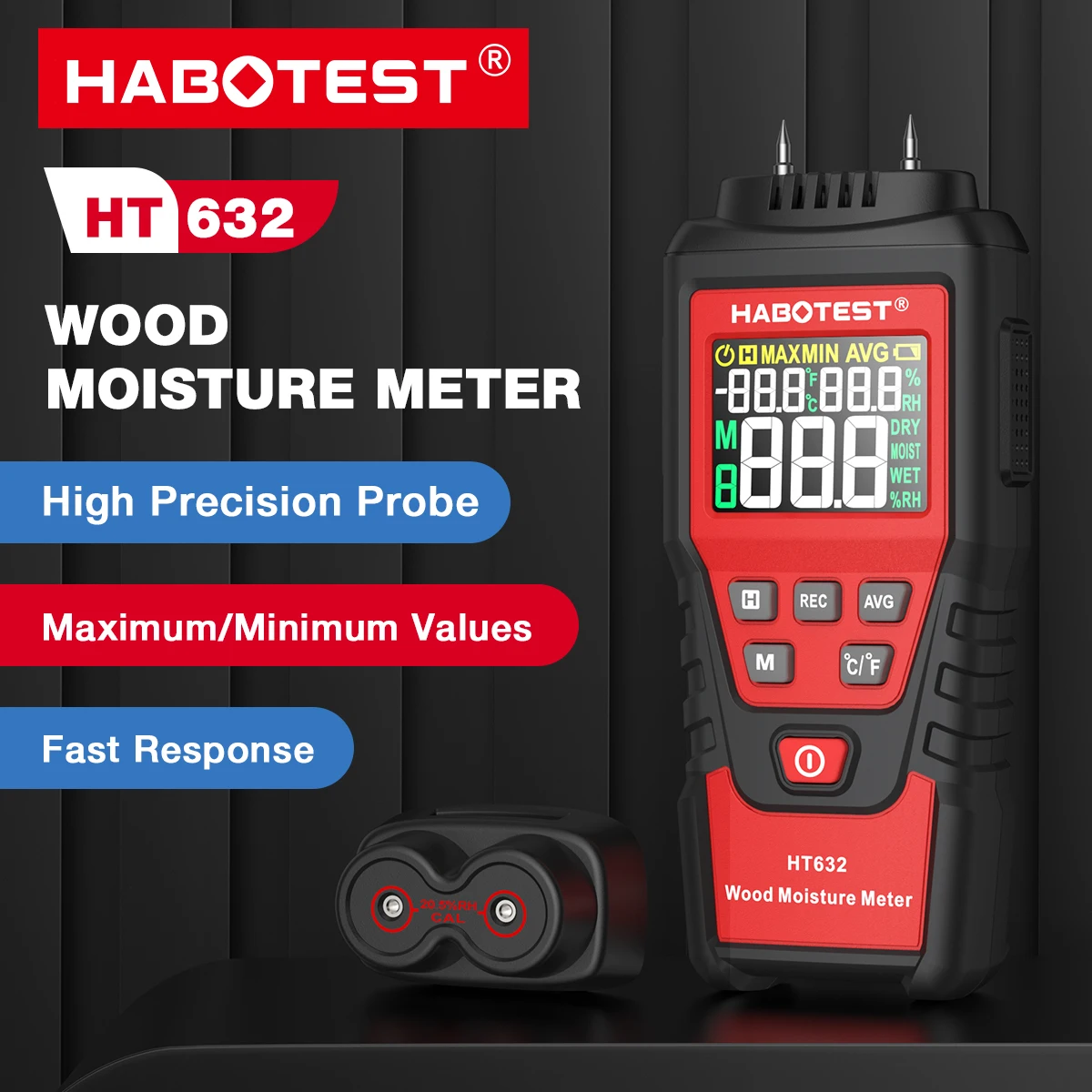 HABOTEST HT632 Digital Moisture Detector Moisture Tester Pin-Type Water Leak Detector Damp Tester for Wood Firewood Paper Floor