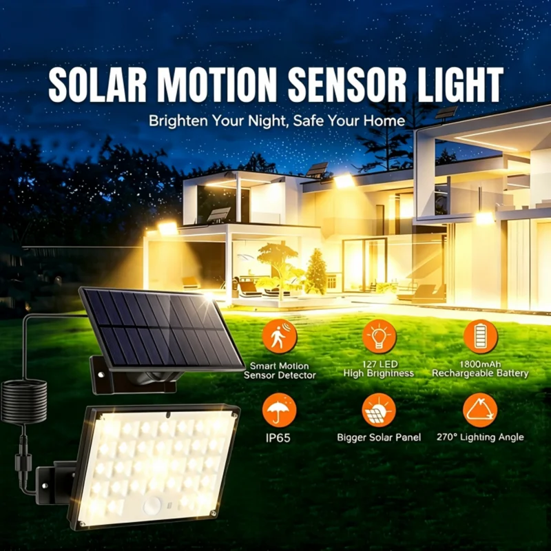 127 LED Warm White Solar Outdoor Flood Lights, IP65 Waterproof, 3 Lighting Modes, Separate Solar Panel with Motion Sensor