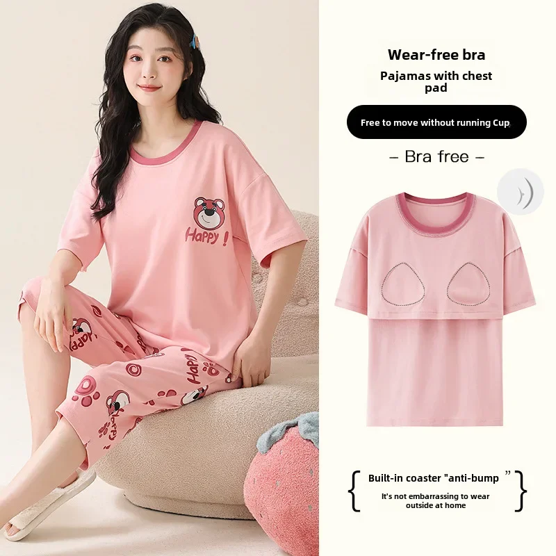 Women's Summer Cotton Pajama Set Chest Pad Short Sleeves Comfortable Sleepwear Two-piece Suit For Home Wear