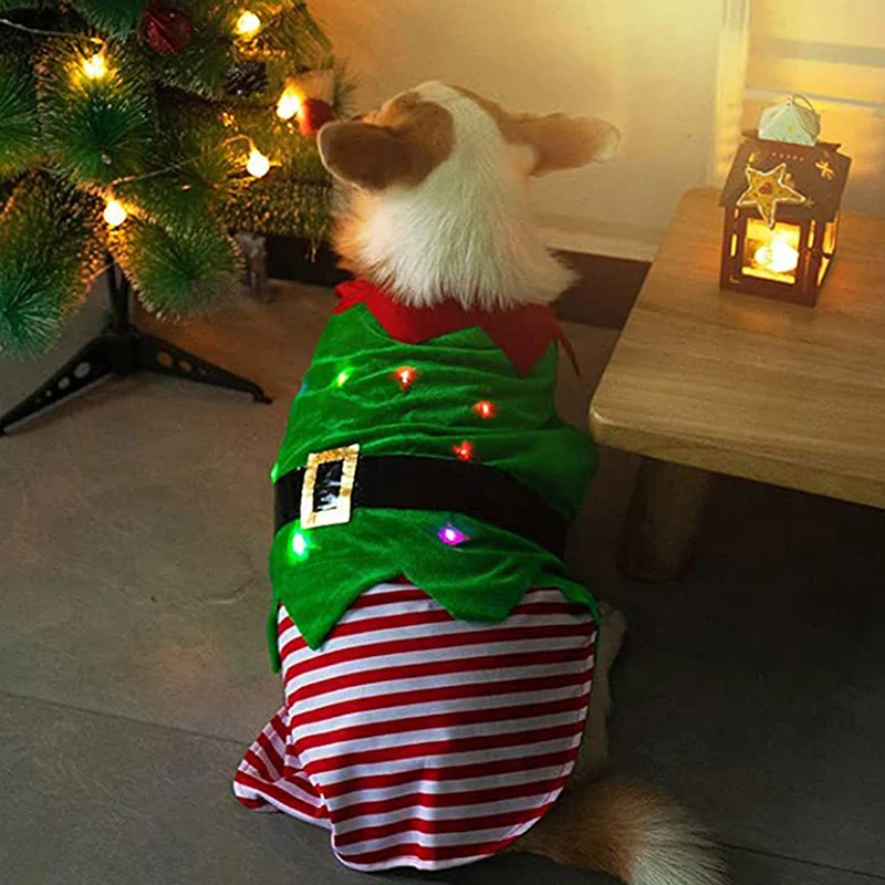 Pet Christmas Outfit Elf Costume Stripe Vest with Light Cosplay Clothes for Dog Cat Party Decoration Supplies