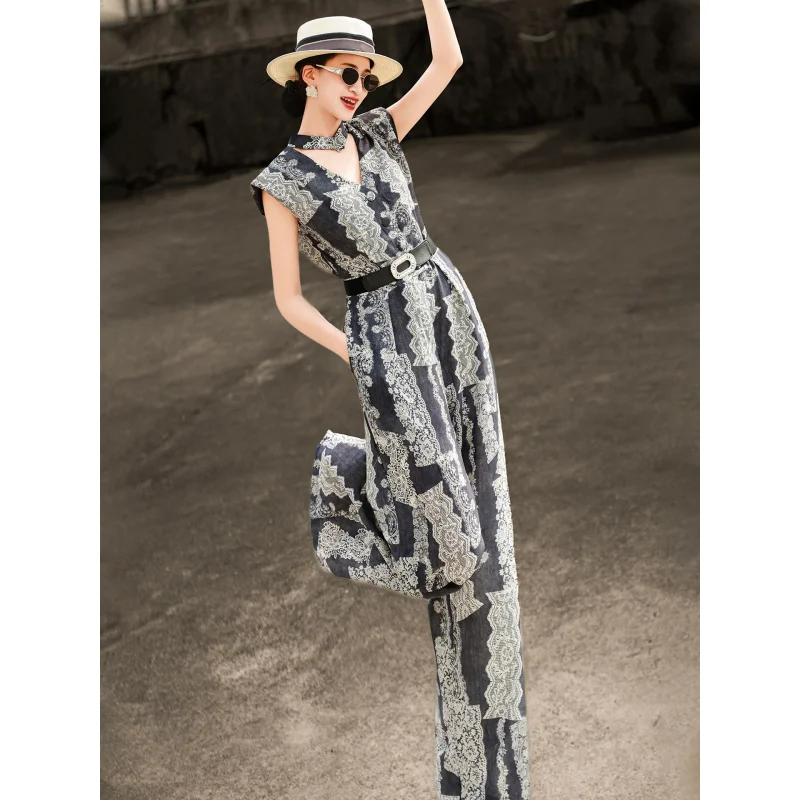 MEXCOCO Summer New French Retro Printed Jumpsuit V-Neck Sleeveless Waist Cinched Wide Leg Pants