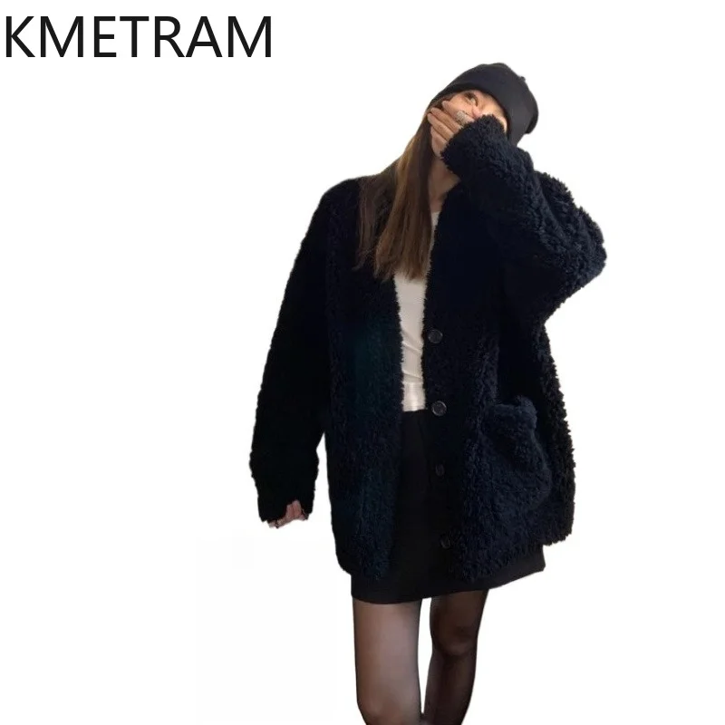 Пальто KMETRAM из 100% шерсти, женское, с V-образным вырезом, средней длины, теплая зимняя куртка, 70 см, премиум-класс, из стриженой овечьей шерсти, 2026, женская одежда, casaco