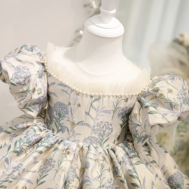 Baby Girl Princess Silk Dress Pearl Beading Lace Short Puff Sleeve Child Vintage Big Bow Vestido Party Pageant Birthday 1-14Y