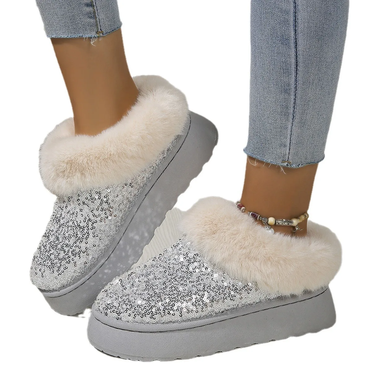 Sequin Snow Boots for Women 2024 Winter New Warm Thick Soles Without Heel-covered Hair Half Slipper Cotton Shoes for Women Boot