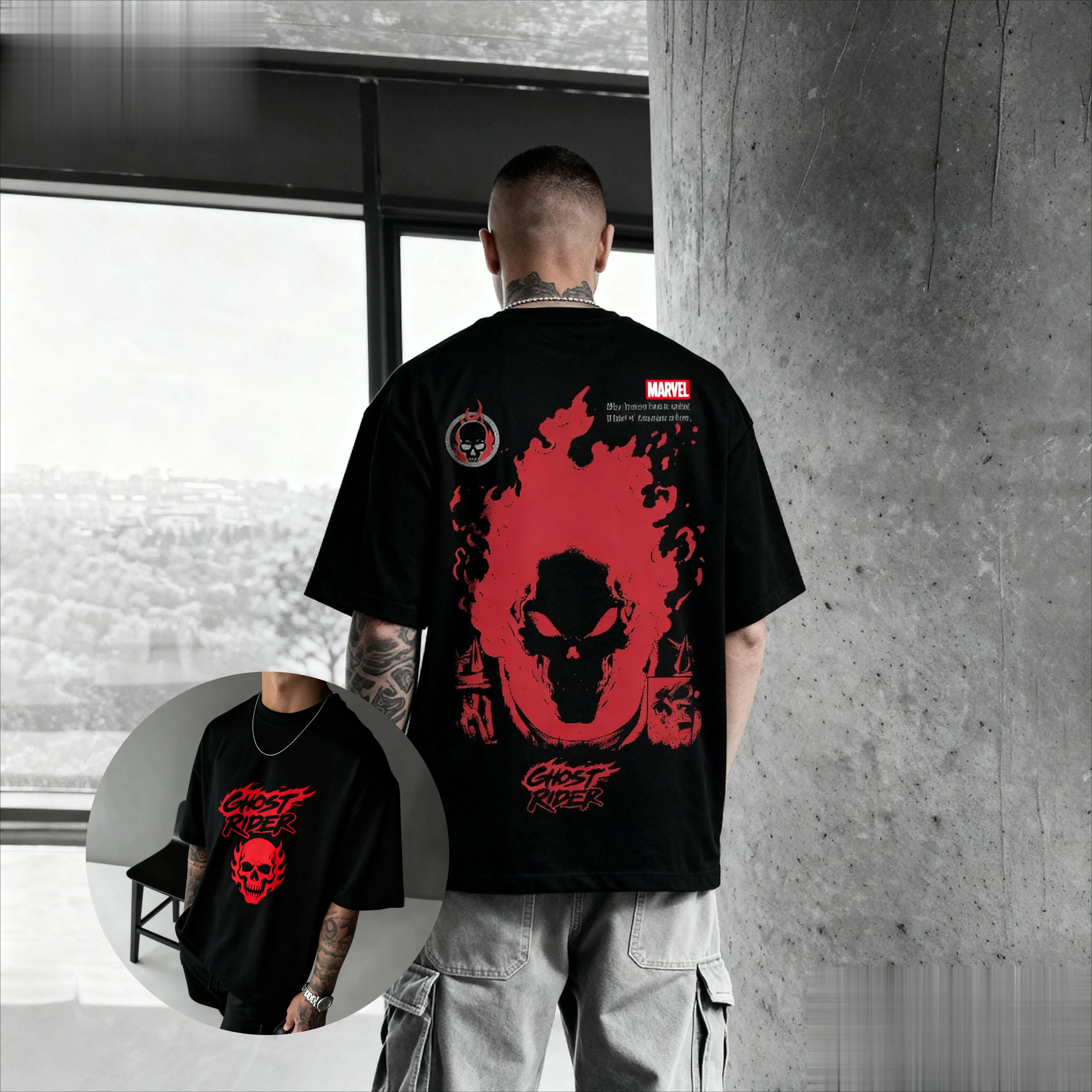 

Marvel's Ghost Rider Retro Trend Casual Printed T-shirt for Men and Women, Loose Cotton Short-sleeved Street Casual Top