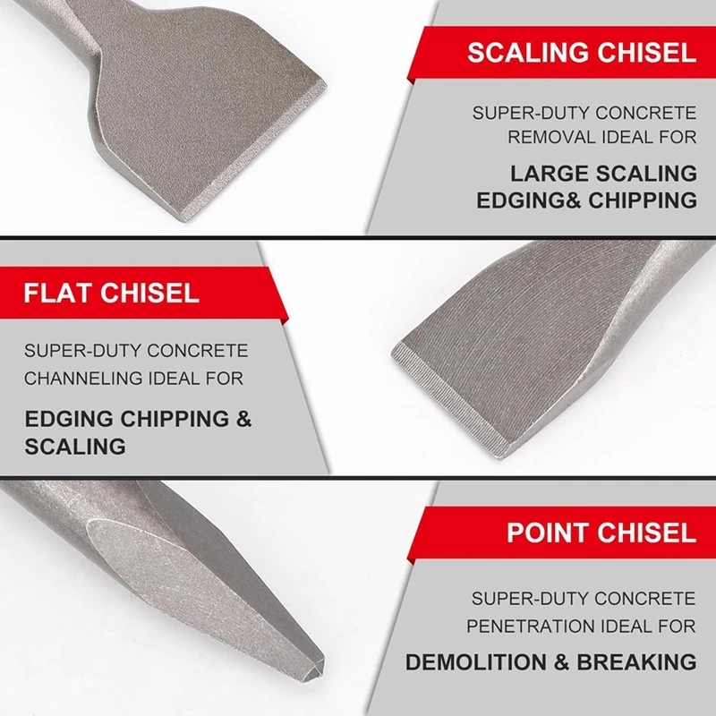 SDS-Plus Chisel Set For Rotary Hammer Drills, 3PC Masonry Concrete Drill Bit Set, Point Flat Scaling Chisels