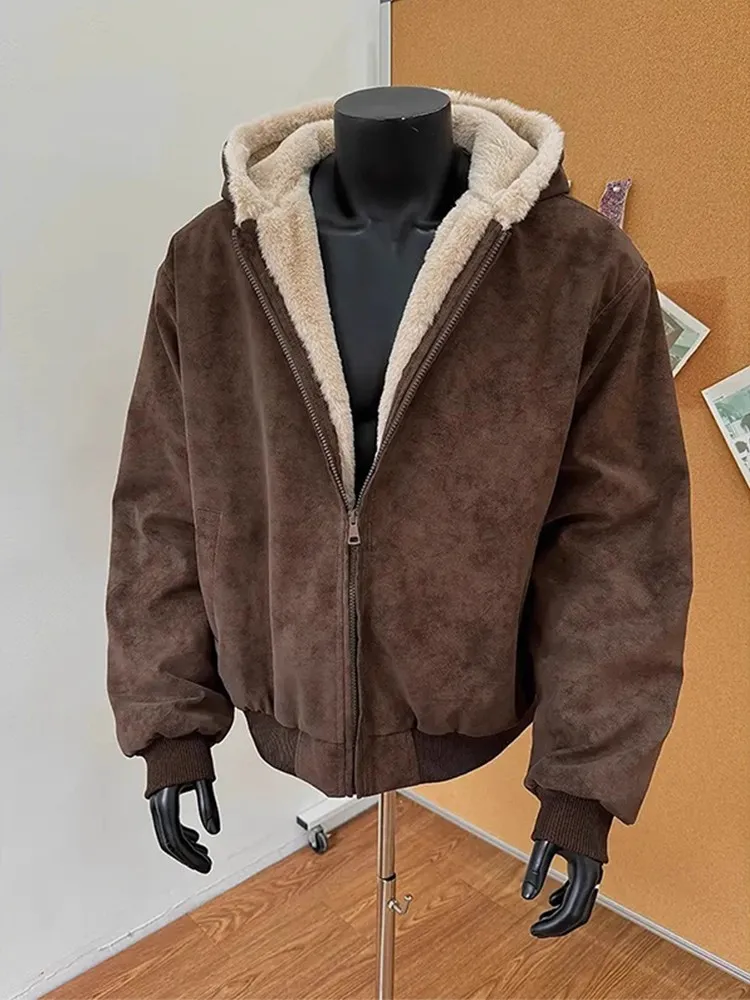

Men's Thiened Lamb Fur Jaet Fake Rabbit Fur PU Leather Cotton Coat Winter Warm Hooded Zipper Closure Casual Outerwear