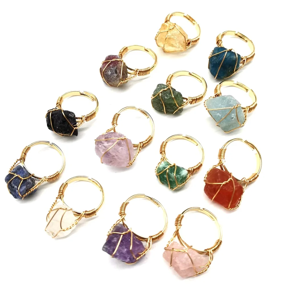

10pcs Wire Wrap Natural Raw Stone Rings Lapis Lazuli Amethysts Tiger Eye Opal Pink Crystal Adjustable Ring for Women Jewelry