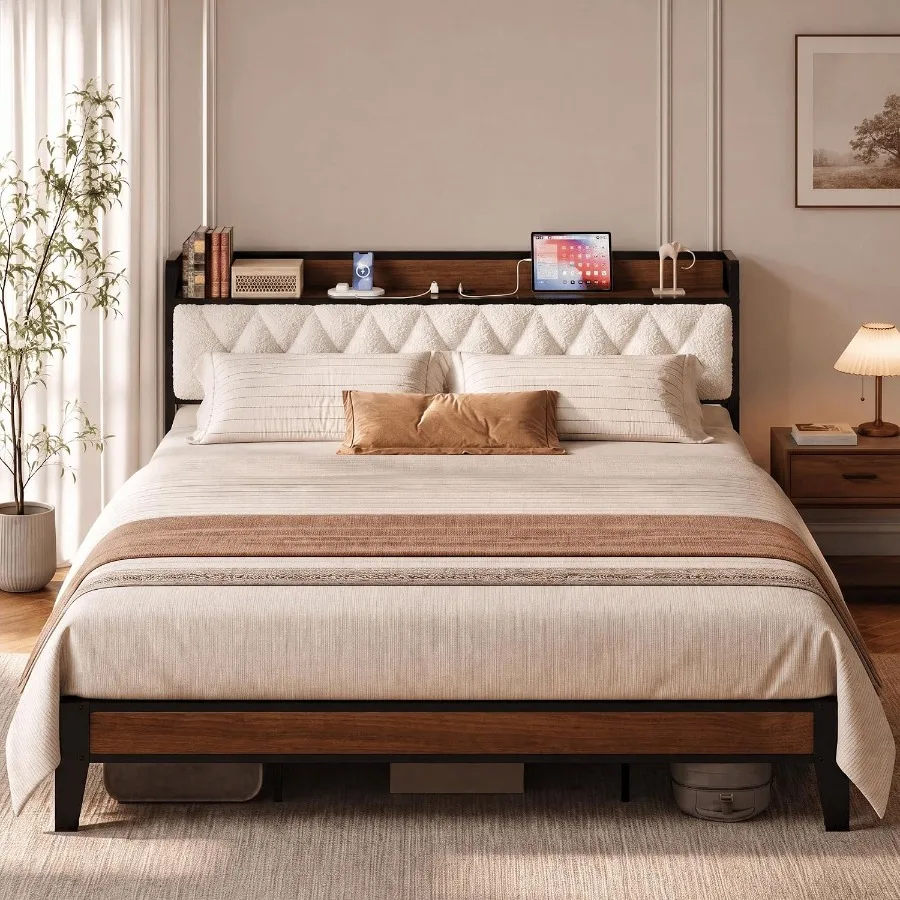 California King Bed Frame with Charging Storage Headboard, Walnut