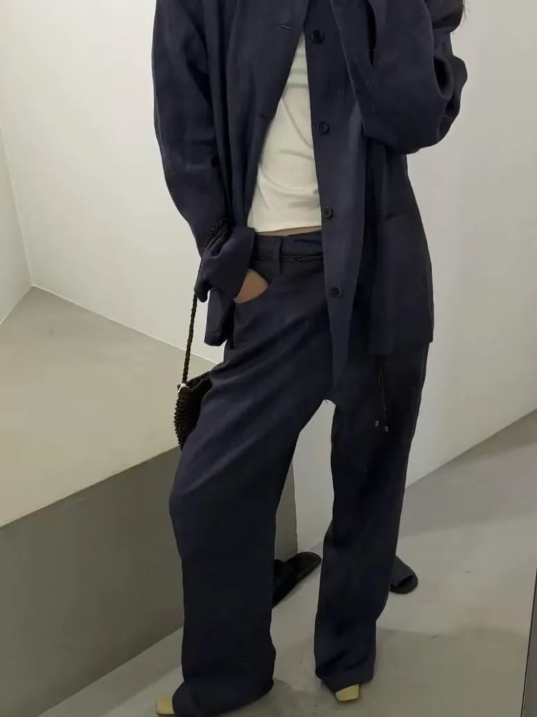 

Slim Fit Casual Blue Denim Pants High Waist Straight Leg Commute Style Summer Collection Ladies High Fashion Trousers