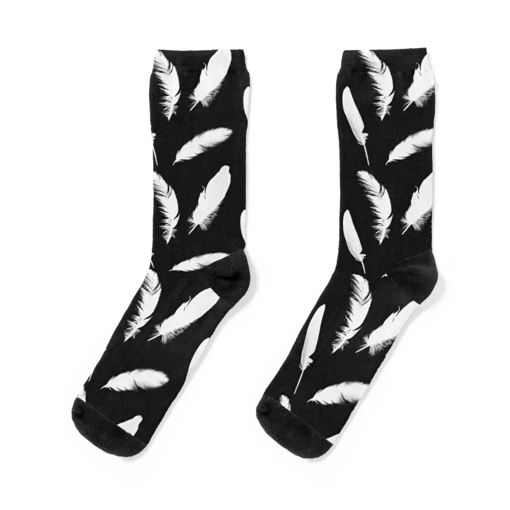 

White Feather Print on Black Socks with print Non-slip summer Socks Men Women's