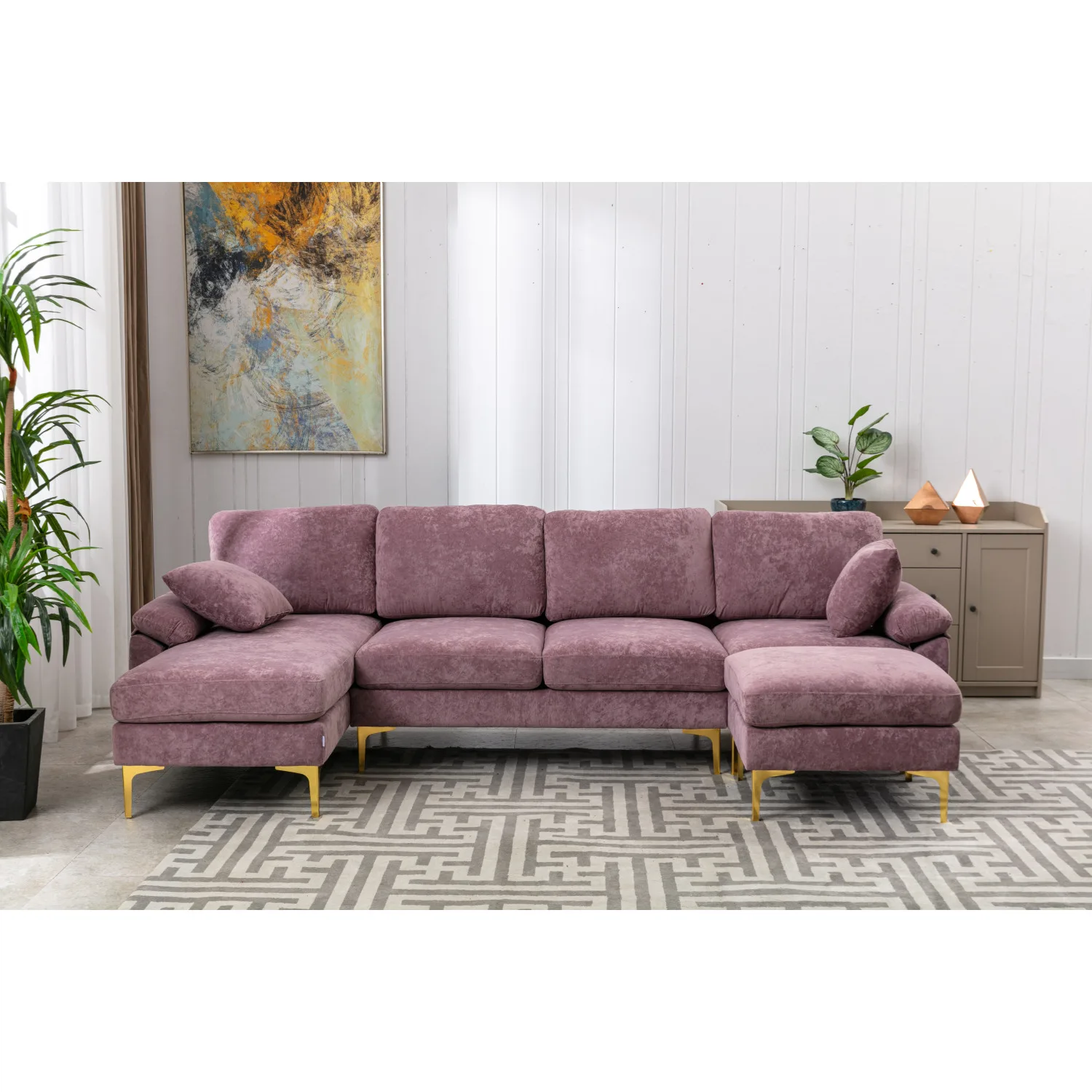 COOLMORE U-shape Sectional Sofa with Ottoman, Reversible Couch,Spacious & Durable Furniture, Removable Washable Cover,Purple Vel