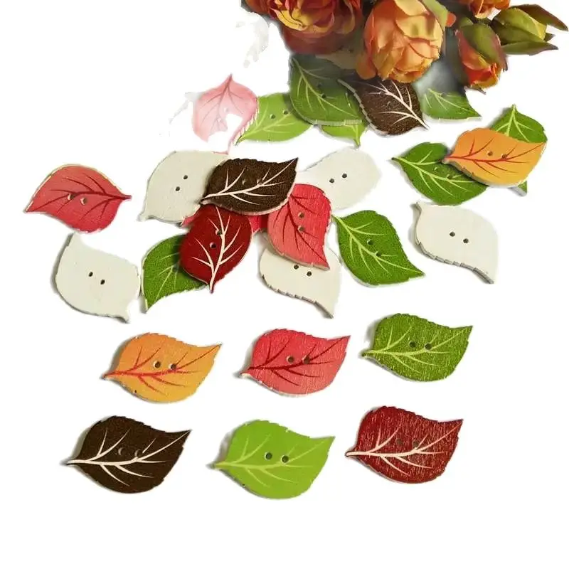 50PCs /lot  Wooden Buttons 2-Hole Leaves shape Randomly Mixed Buttons For Craft sewing Accessories scrapbooking products