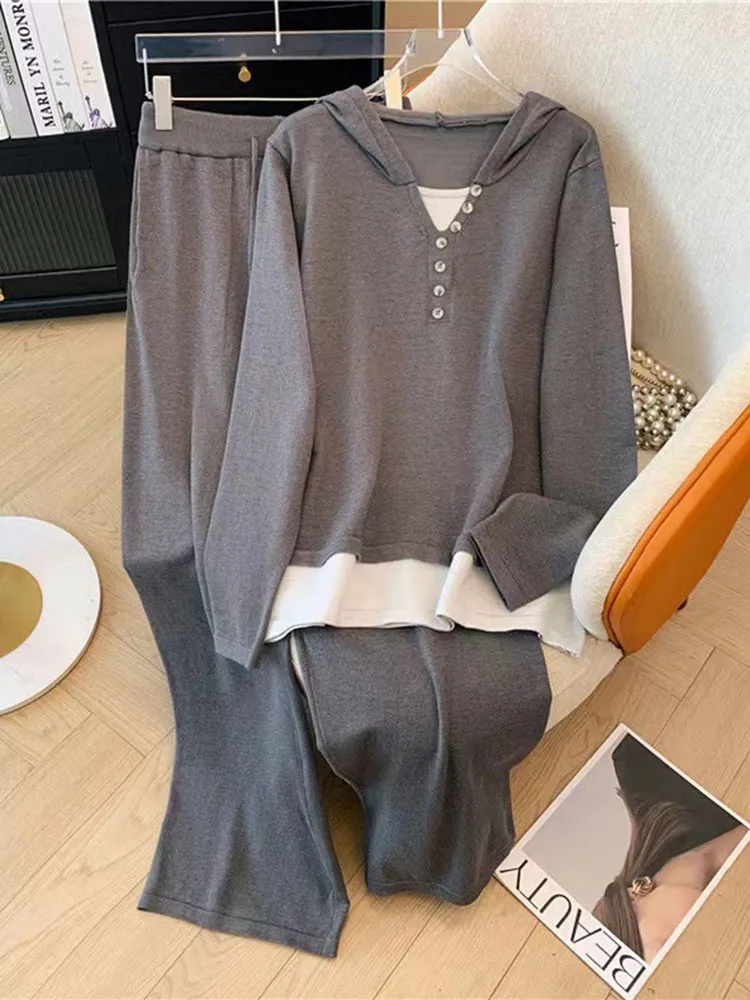 Women Solid Knitted 2 Piece Sets Korean Hooded Long Sleeve Knitwears Pullover Tops Conjuntos Casual High Waist Sweatpants Outfit