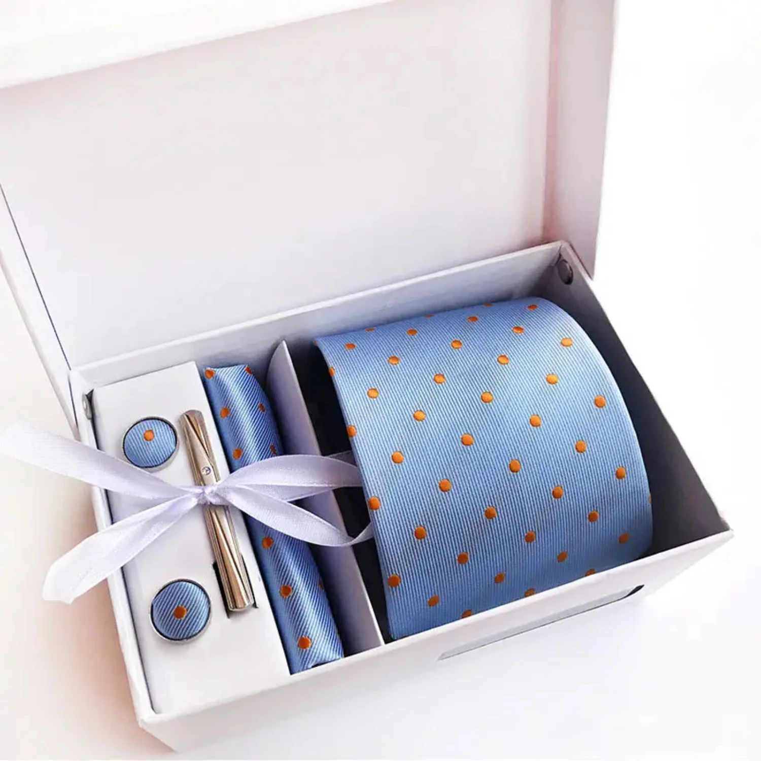 Men's Polka Dot Formal Tie Gift Set- 6 Pieces Including Tie, Square Scarf, Cufflinks, Tie Clip in White Gift Box & Bag