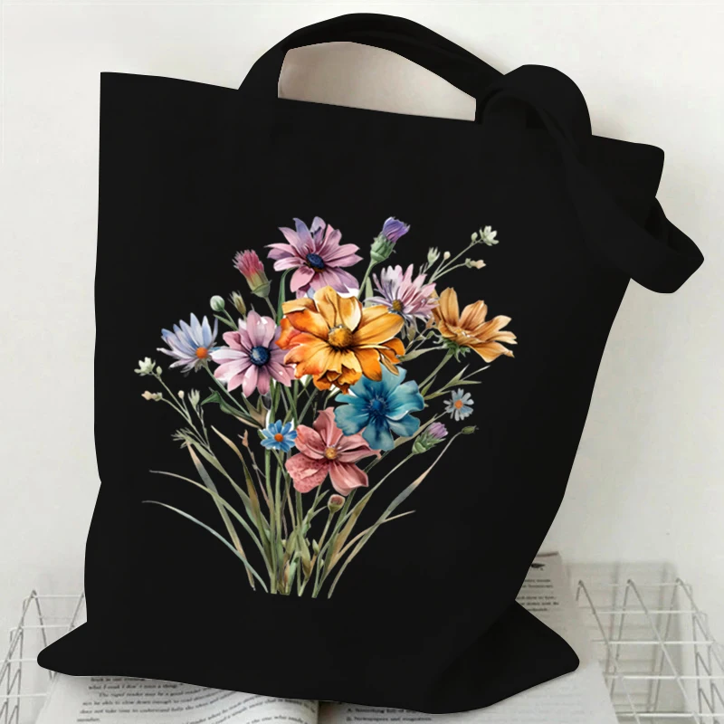 Shoulder Bag for Women Wildflowers Canvas Tote Bag Women Shopping Bag Student Boho Wildflowers Plant Female Reusable Handbags