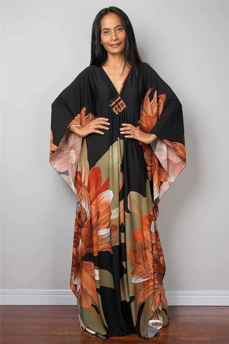 Robe caftan à imprimé Floral pour femmes, manches courtes, Cover-Up pour les maillots de bain, vêtements de détente pour l'été