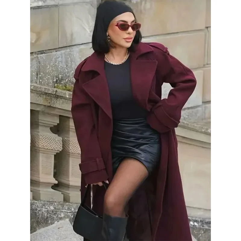 TRAFZA 여성 가을 ​​우아한 특대 부르고뉴 윈드 브레이커 긴 소매 옷깃 더블 브레스트 벨트 통근 겉옷 코트
