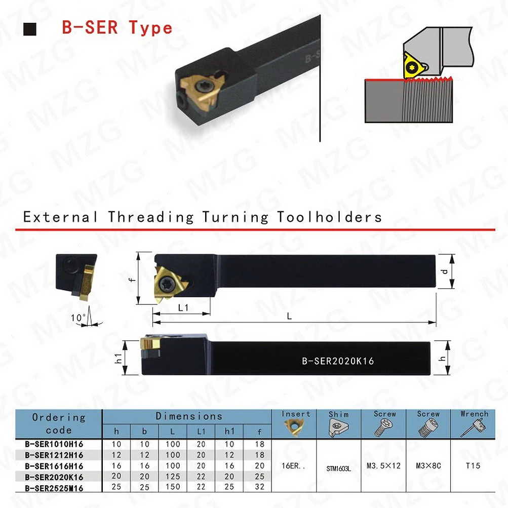 MZG SER SER1010H11 SER1212H11 SER1616H11 SER1212H16 SER1616H16 SER2020K16 SER2525M16 External Threading Turning Tool Insert 16ER