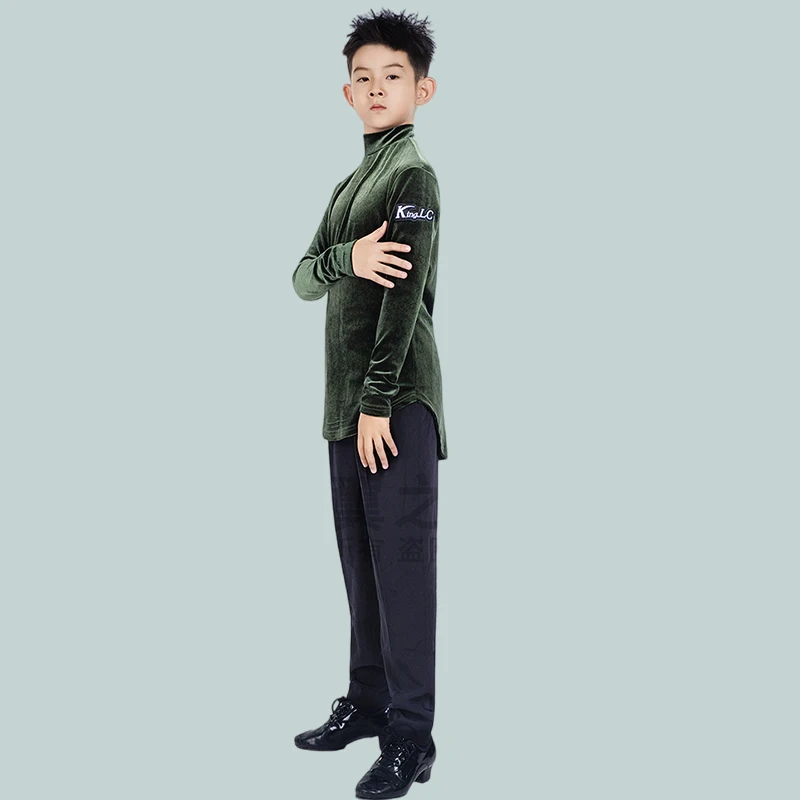 Jungen Latin Dance Kostüm Langarm Samt Tanz Top Cha Cha Rumba Tango Tanzen Outfit Schwarze Hosen Latin Praxis Tragen AMY2866