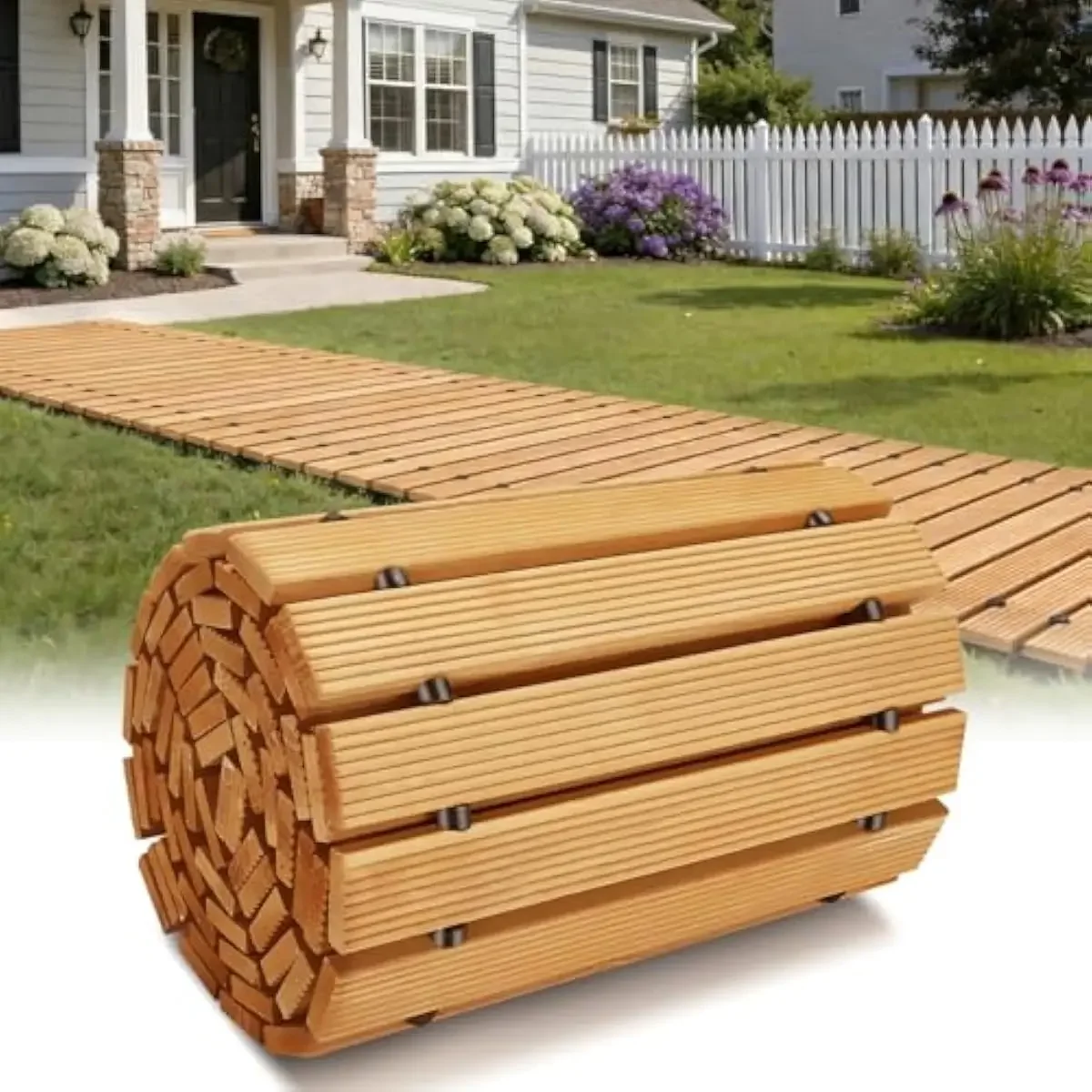 12FT Natural Fir Wood Outdoor Walkway – Rustic Roll-Up Garden Path with Waterproof Non-Slip Surface – Heavy-Duty Rubber Rope Joi