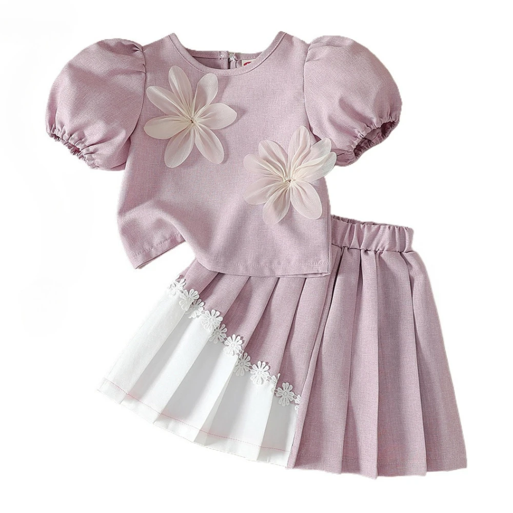 Summer Girl Clothes Set Baby Toddler Elegant Puff Sleeve 3D Flower Shirt Top Patchwork Pleated Skirt Suits Kids Boutique Outfit
