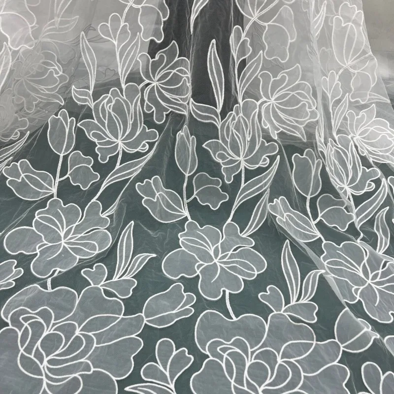 High-Quality Lace and Mesh Fabric with Organza Laser Cut Flower for Wedding Dress and Evening Gown Elegant Bridal Lace Fabric