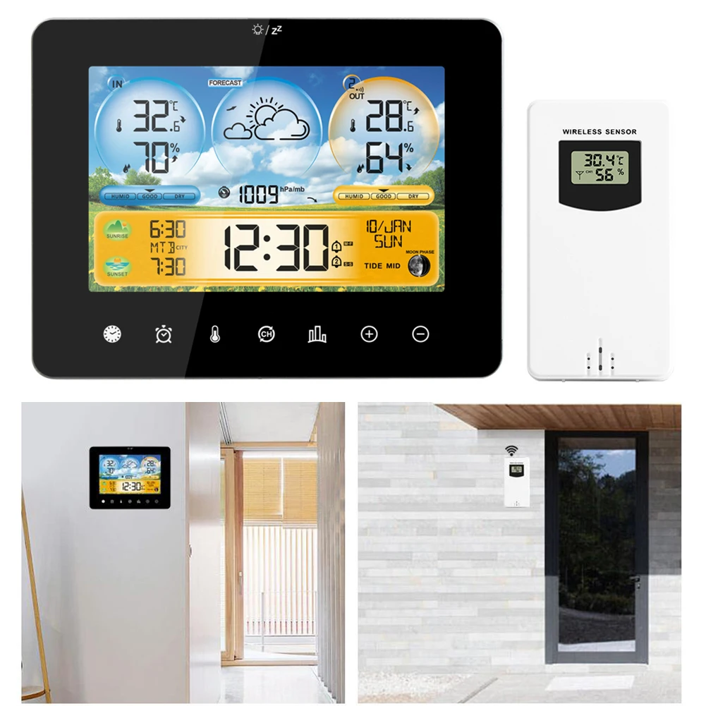 1Set Touchscreen Weather Station Sunrise/Sunset/Temperature/Humidity Monitor Weather Clock For Indoor And Outdoor