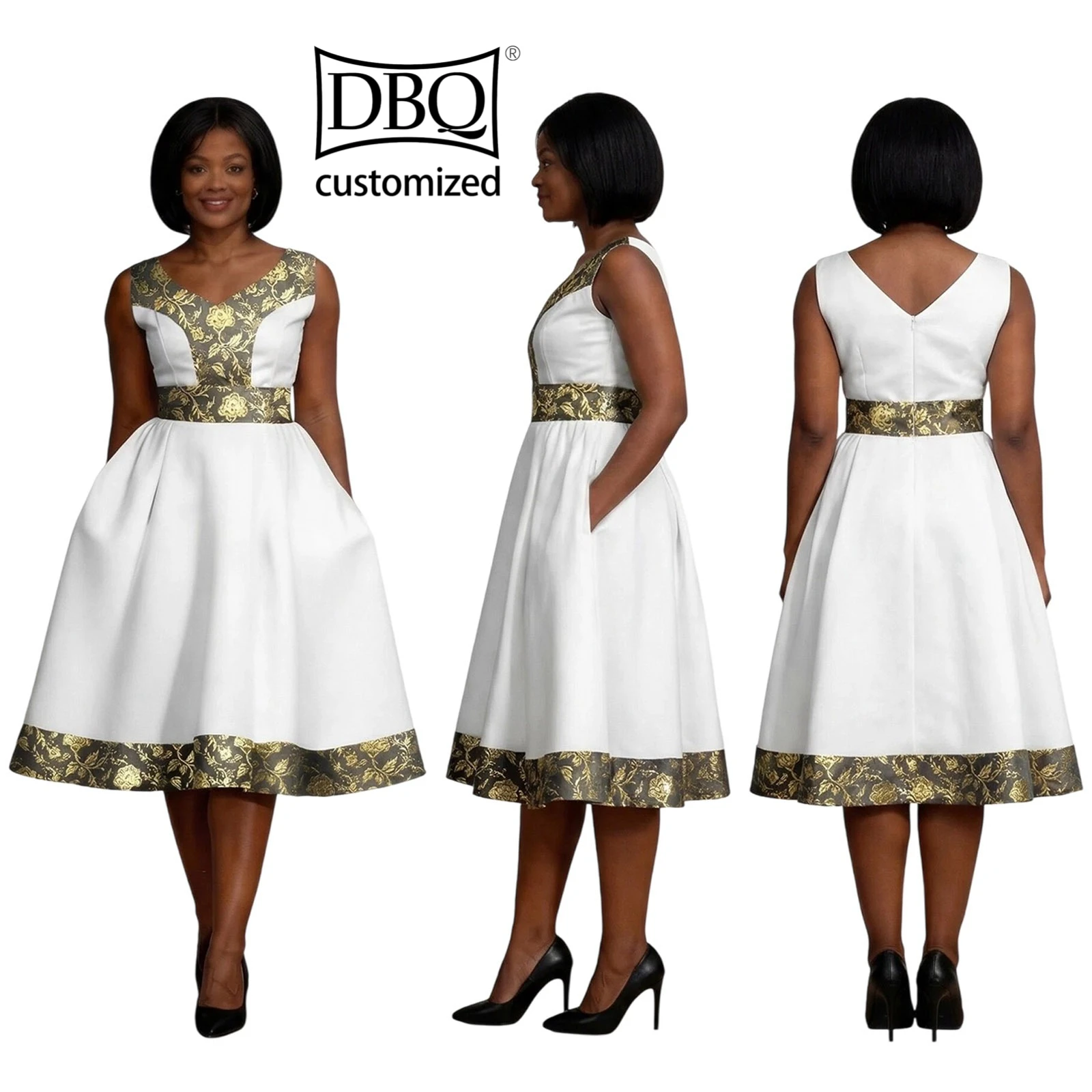 

DBQ Women's Patchwork African Dress V-Neck Sleeveless Knee-Length Casual Summer Tailor-Made Gown BD2103