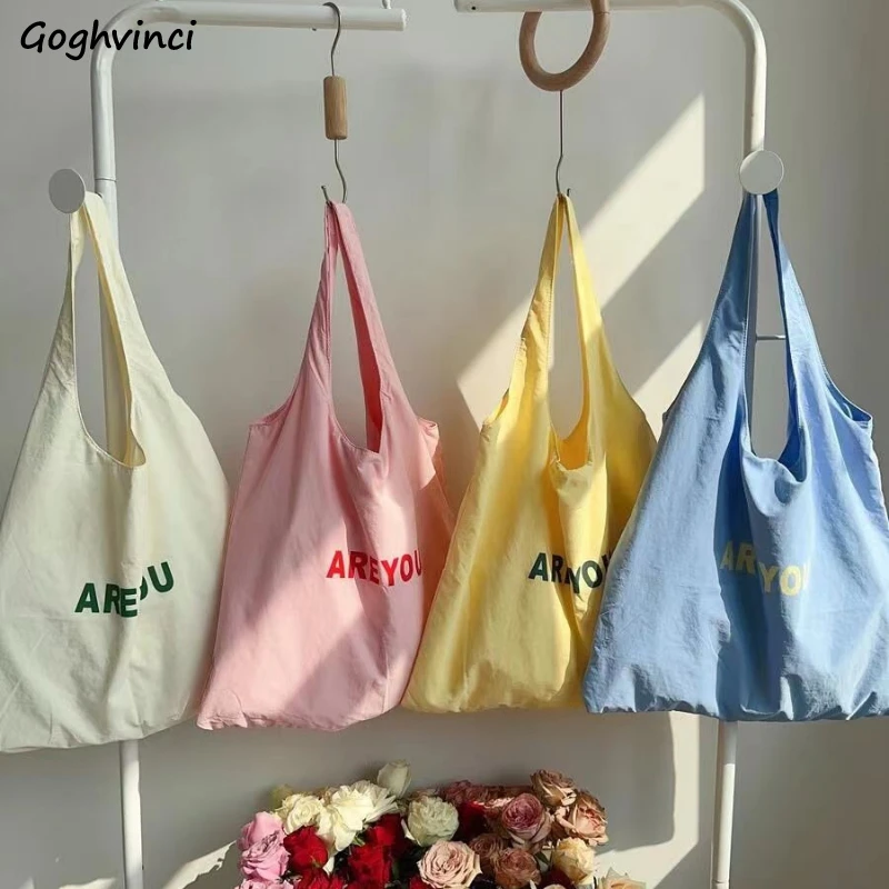 Candy Color Letter Shopping Bags Women Korean Ins Large Capacity Foldable Canvas Bag All-match Sweet Casual Student Bolso Mujer