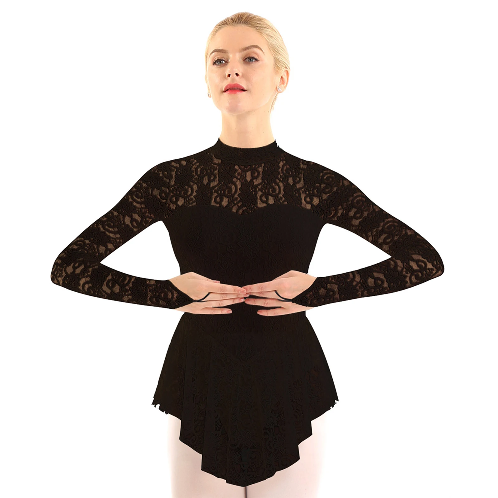 Womens Adult Gymnastics Ballet Dance Leotard Dress Dancewear Mock Neck Long Sleeve Lace Figure Ice Skating Roller Skating Dress