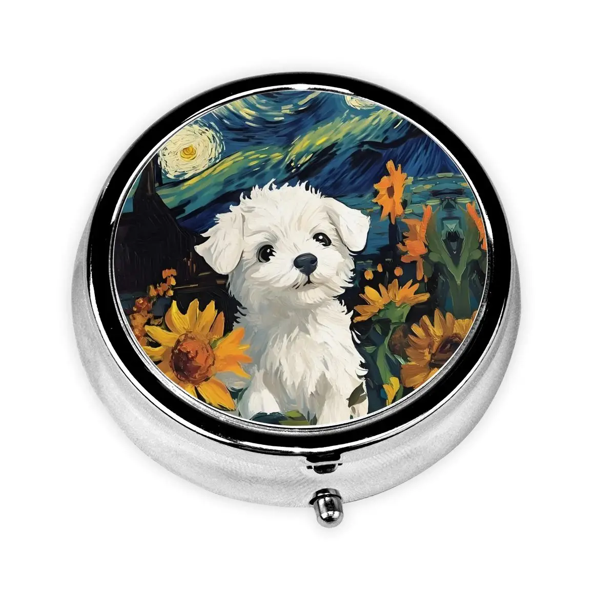 

Almond Blossoms Vincent Van Gogh Round Pill Box 3-Compartment Pills Dispenser Dog Portable Medicine Holder Storage Box Container